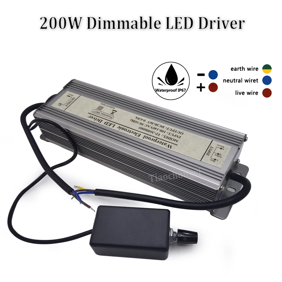 

200W led Dimmable driver 110VAC 220VAC to DC30-36V 6A LED driver IP67 waterproof Constant current For 200W SMD High Power LED