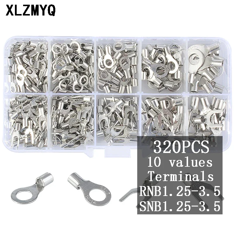 320Pcs/Box 10 In 1 Terminals Non-Insulated Ring Fork U-type Brass Terminals Assortment Kit Cable Wire Connector Crimp Spade