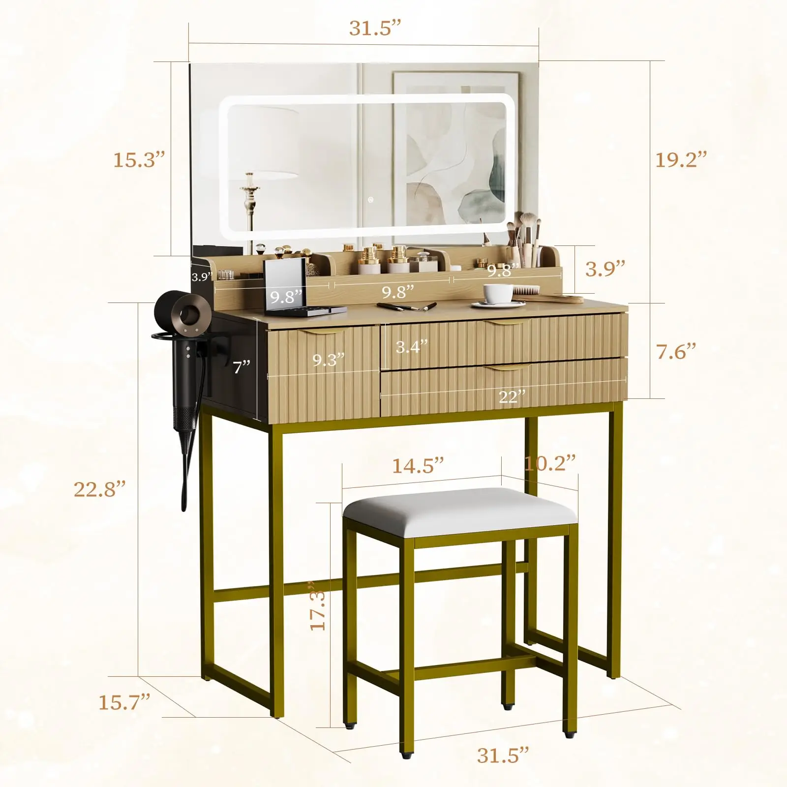 LED Lighted Vanity Desk with Glass Top – 3-Color Dimmable Mirror, Built-in Power Outlet, 3 Drawers, Hair Dryer Rack & Stool, Modern Bedroom Makeup Table ﻿
