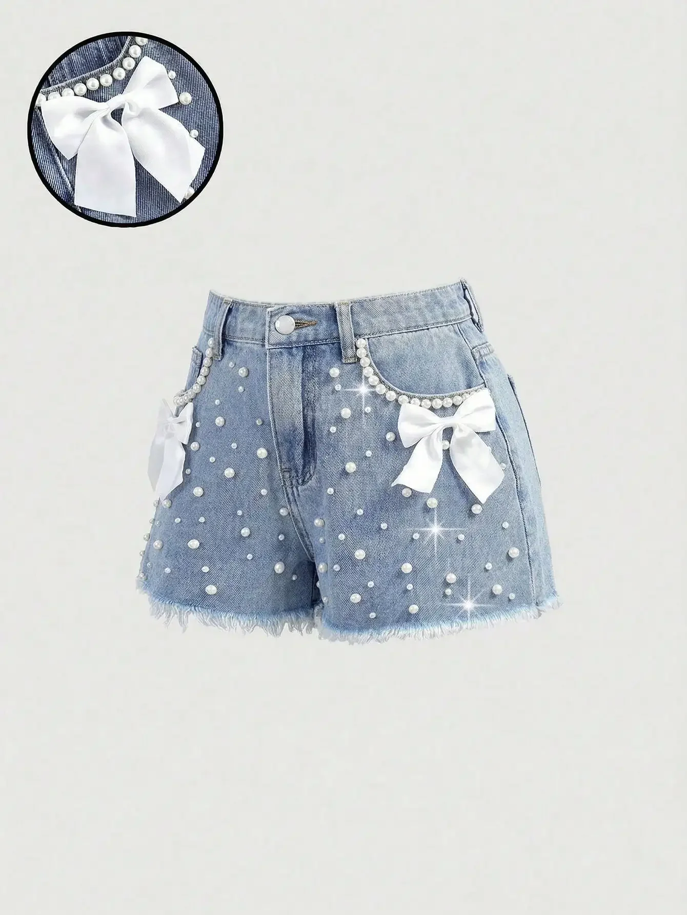 

High Waist Ripped Denim Shorts With Pearl Bow Decor