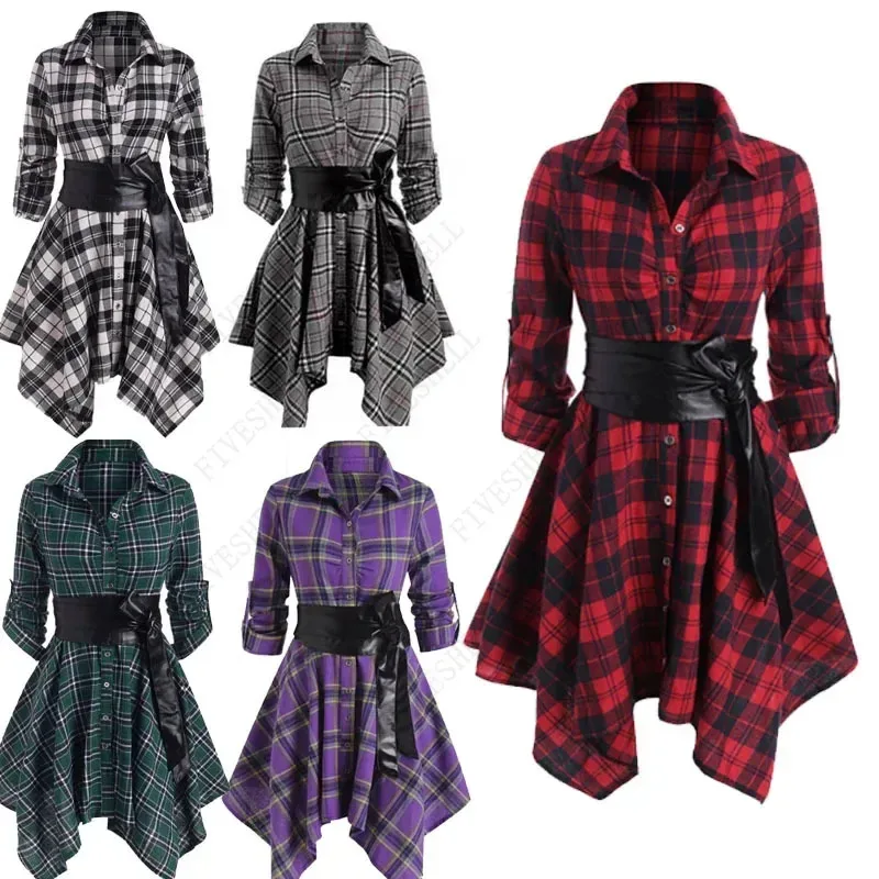 

Casual Long Sleeve Shirt Dress For women Medieval Punk Gothic Leather Bandage Waist Irregular Vintage Plaid Robe Costume /