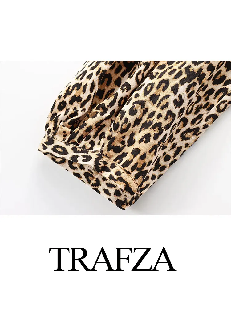 TRAFZA Women Fashion Vintage Leopard Print Blouse Single Breasted O Neck Long Sleeve Shirts Y2k Summer Female Chic Top