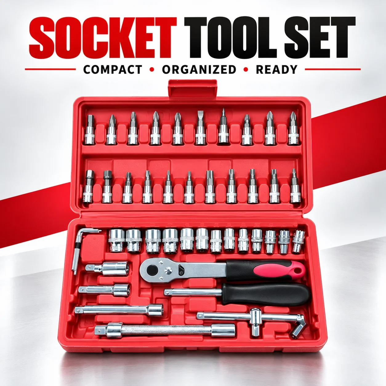Socket Wrench Set 46PCS 1/4 Inch Drive Metric Ratchet Tool Kit Portable Hand Tools for Auto Car Mechanical Repair