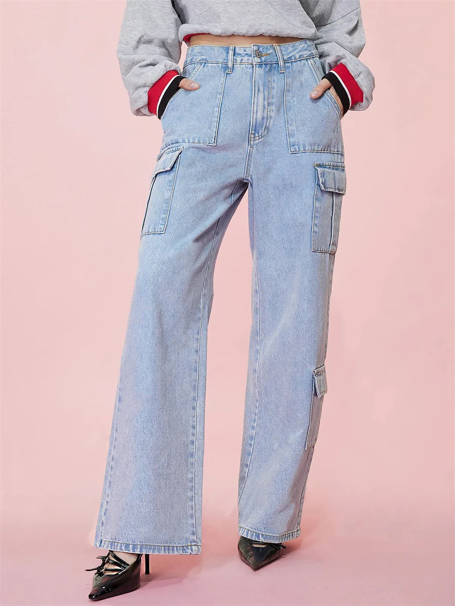 Benuynffy Y2K Cargo Jeans Dames Harajuku Vintage Multi-pocket Baggy Jeans Amerikaanse Streetwear Hoge Taille Wijde Pijpen Broek