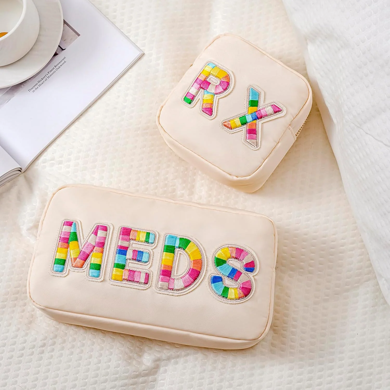 

Personalized Chenille Letter Patch MEDS and RX Bags Cute Nylon Travel Makeup Bag Zipper Preppy Vitamin Organizer Bag for Women
