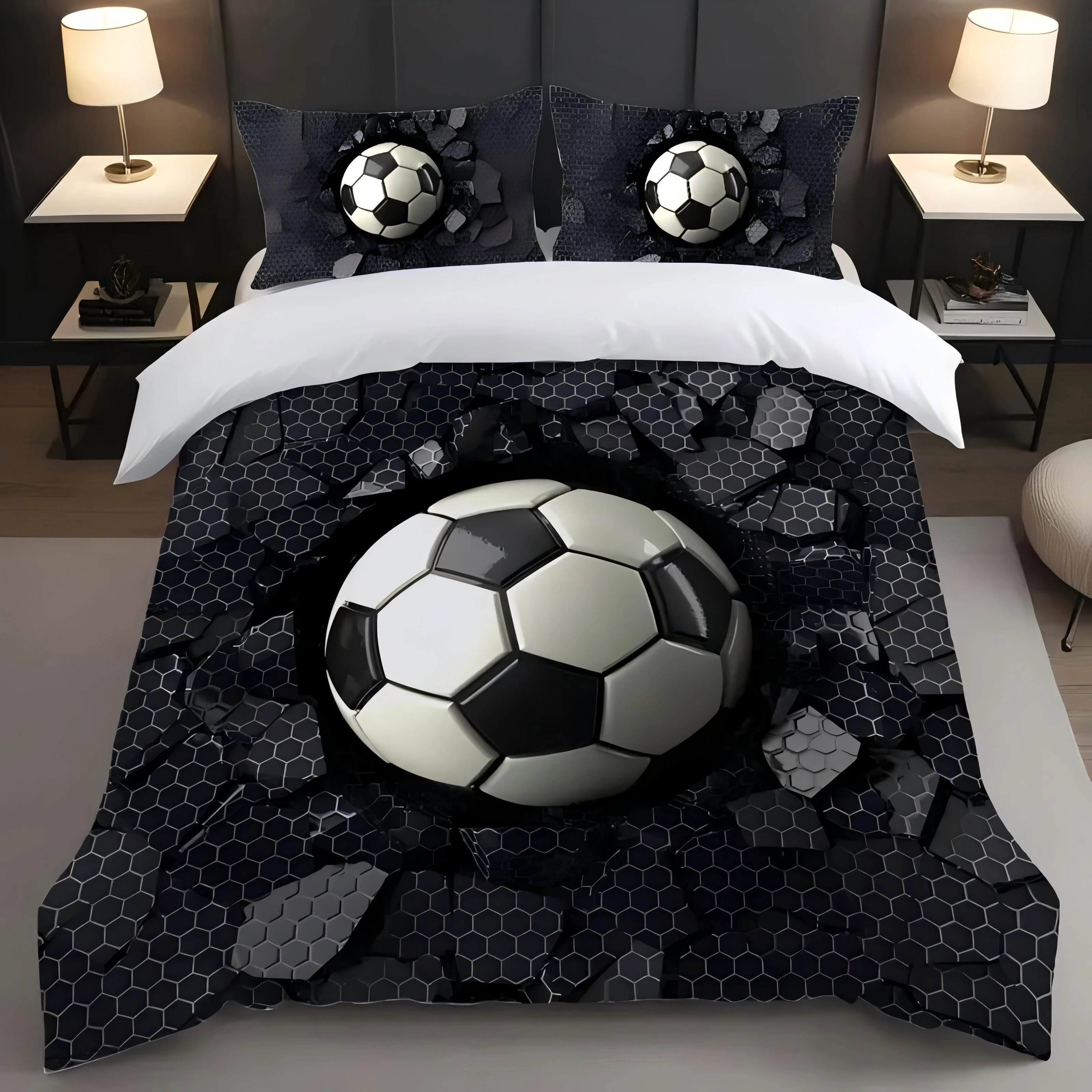 

Football Impact Cement Wall Hexagonal Impact Crush Print Quilt Cover 3D Visual Effects Style Polyester Comfortable Duvet Cover