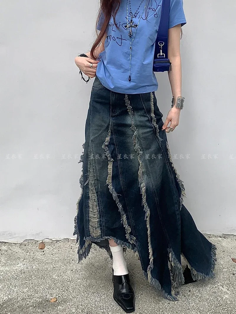 Women Denim Long Skirt Harajuku Y2k 2000s Vintage Skirts 90s Aesthetic Streetwear Fashion Korean Style A-Line Jean Skirt Clothes