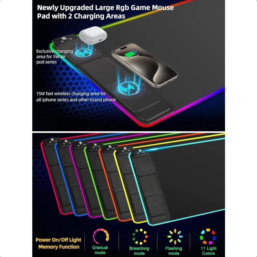 لوحة ماوس XXL مع حامل هاتف، حصيرة مكتب RGB سوداء مع شحن سريع 15 وات، لوحة ماوس ألعاب LED مع 11 لونًا فاتحًا مقاومة للماء N