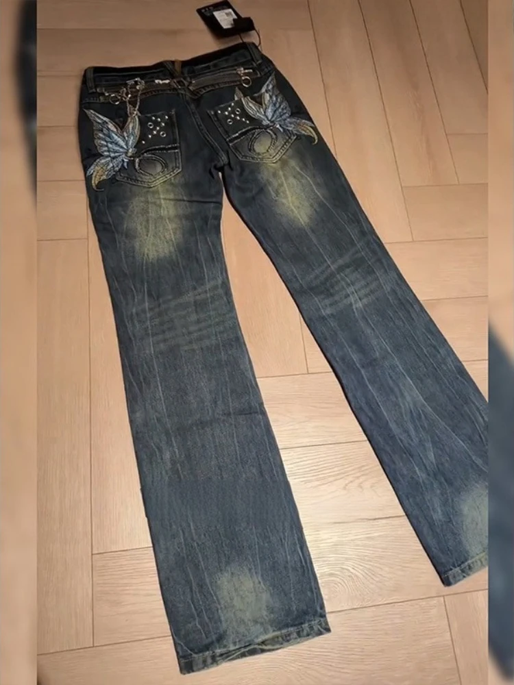 American Retro Y2K Low Waist Denim Flare Pants Women Butterfly Embroidery Rivet Zipper Decor Washed Distressed Streetwear Jeans