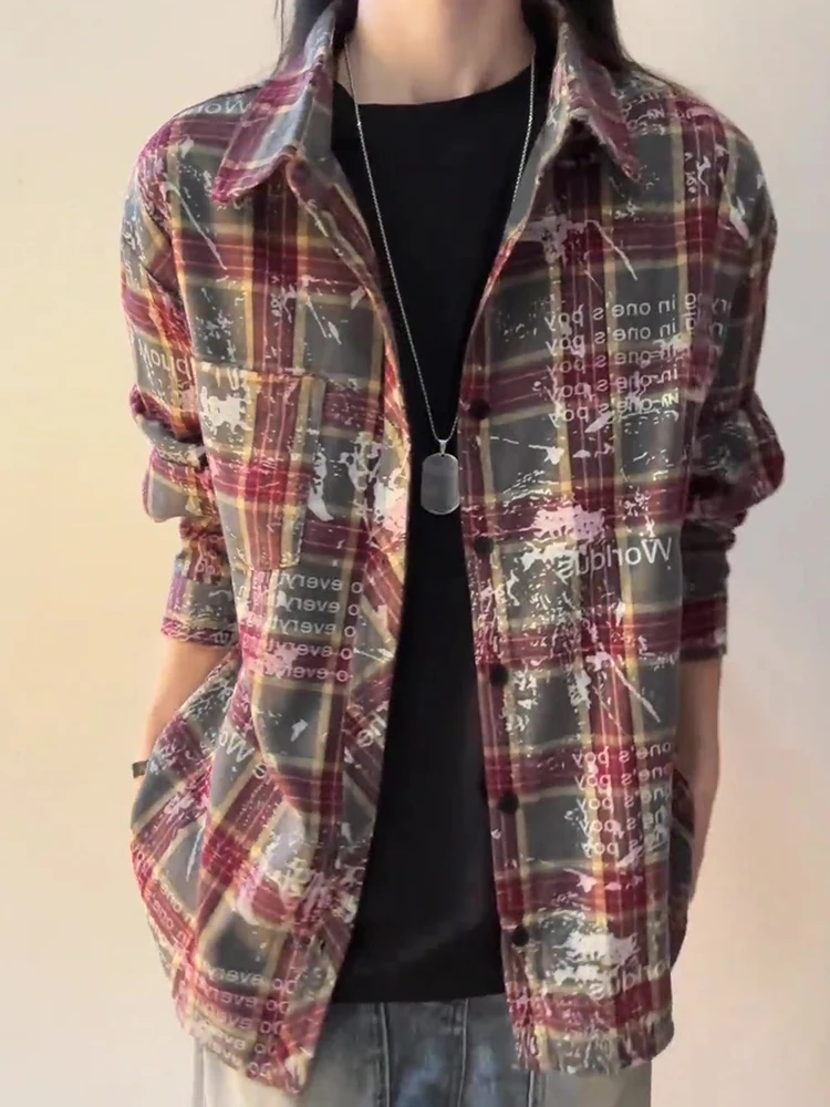 

Retro American Plaid Shirt Men's Long Sleeve Checkered Casual Coat Autumn Fashion Brand High Quality Couple's Open Cardigan