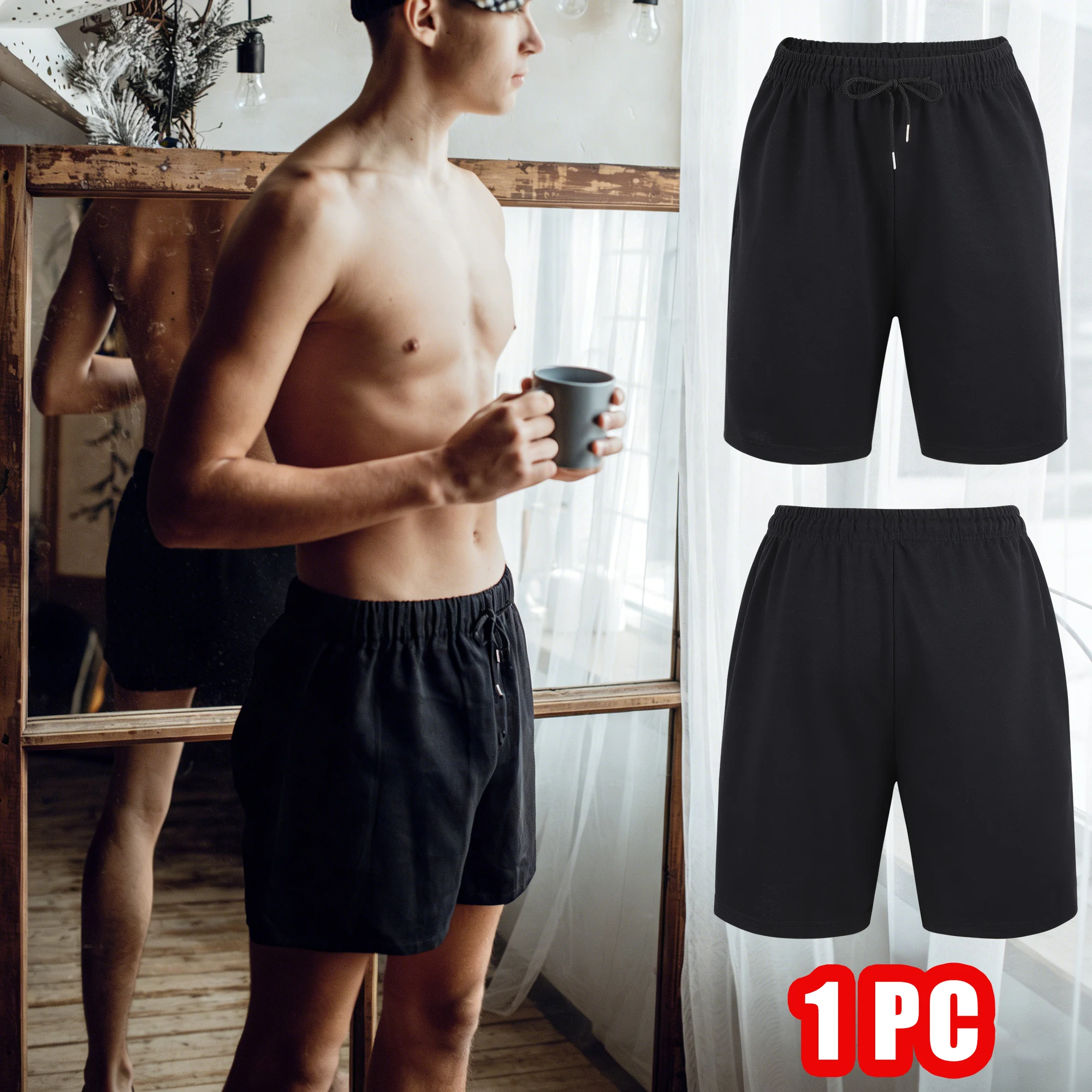 

At Home Casual Solid Shorts Pocket Mans Drawstring Joggingwear Fashion Summer Retro Wide-leg Pants Unisex All-Match Sportwear