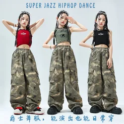 [4-15 Years Old]Girls Hip Hop Jazz Dance Suit High Waist Crop Top Korean Camouflage Pants Girl