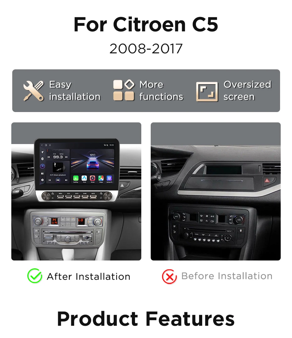 10,1" Autoradio für Citroen C5 2008 2009-2017, kabelloses CarPlay, Android Auto, Head Unit, IPS-Touchscreen mit physischen Tasten, DSP, GPS-Navigation, RDS, BT, SWC, Plug-and-Play, 2DIN-Multimedia-Player mit zwei physischen Knöpfen. – Detail 4