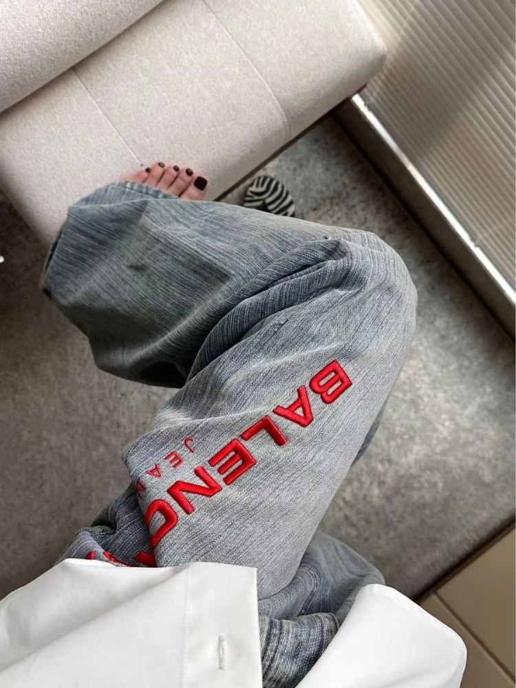 

Heavy Industry Letter Embroidered Jeans Women's Autumn New Design Sensn Fashion Washed Straight Leg Dragging Pants