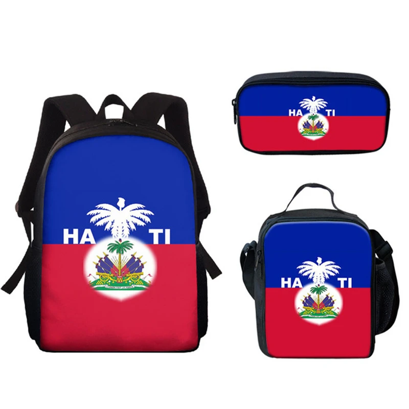 Klassieke Populaire Nieuwe Haïti Vlag 3D Print 3 stks/set Student Schooltassen Laptop Dagrugzak Rugzak Lunchtas Etui