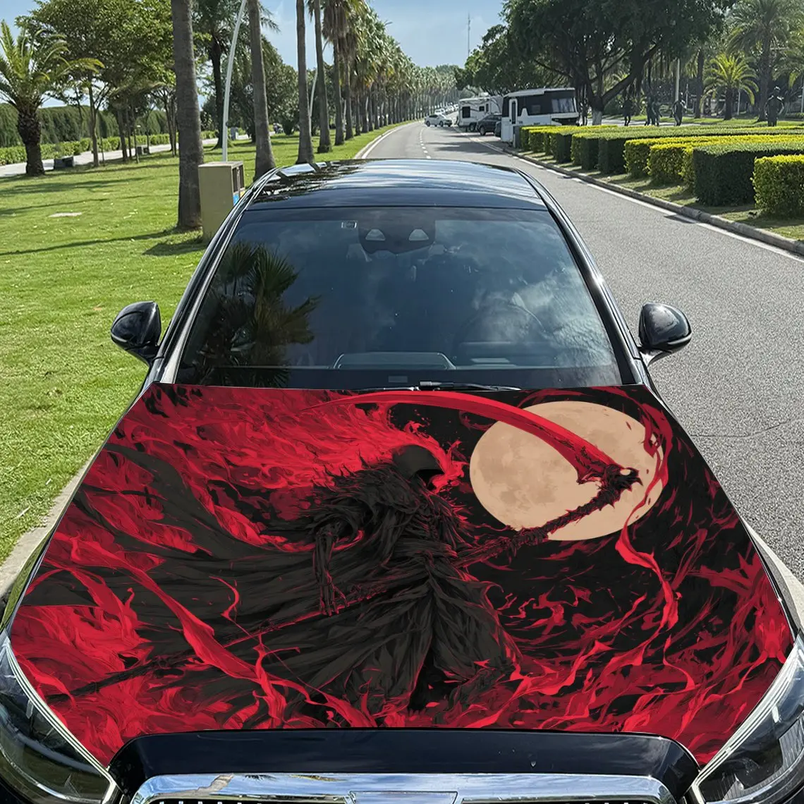 

Dark Winged Reaper and Flaming Ring Car Vinyl Wrap, PVC Material Waterproof Car Hood Sticker, Self-Adhesive Scratch-Resistant St
