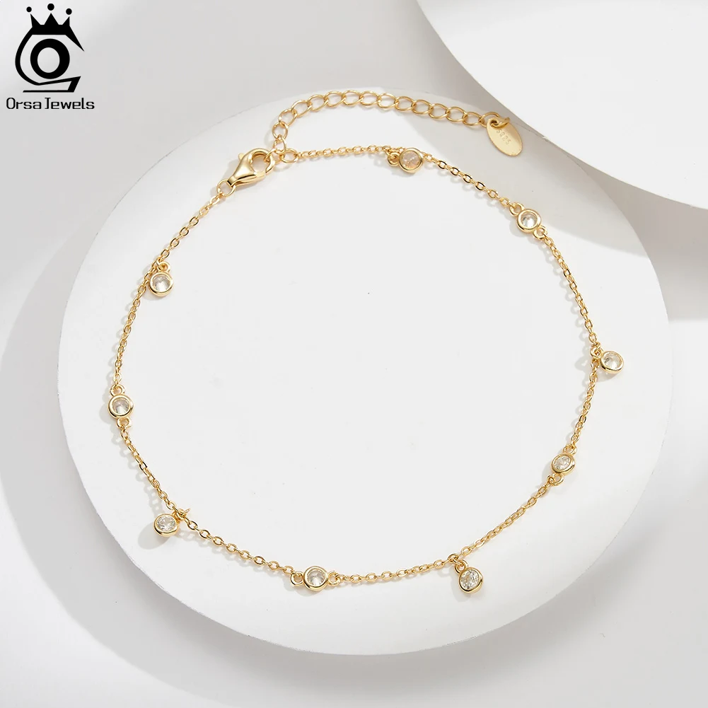 ORSA JEWELS 여성용 925 스털링 실버 체인 발찌, 라운드 지르콘, 조절 가능한 여름 맨발 샌들, 발목 쥬얼리 SA70