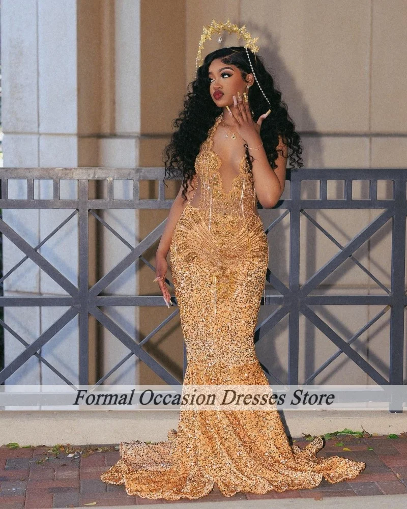 Parkly ゴールドウエディングドレス高級 2025 ホルターラインストーンクリスタルマーメイドパーティードレス黒人女の子フォーマルイベントイブニングドレス