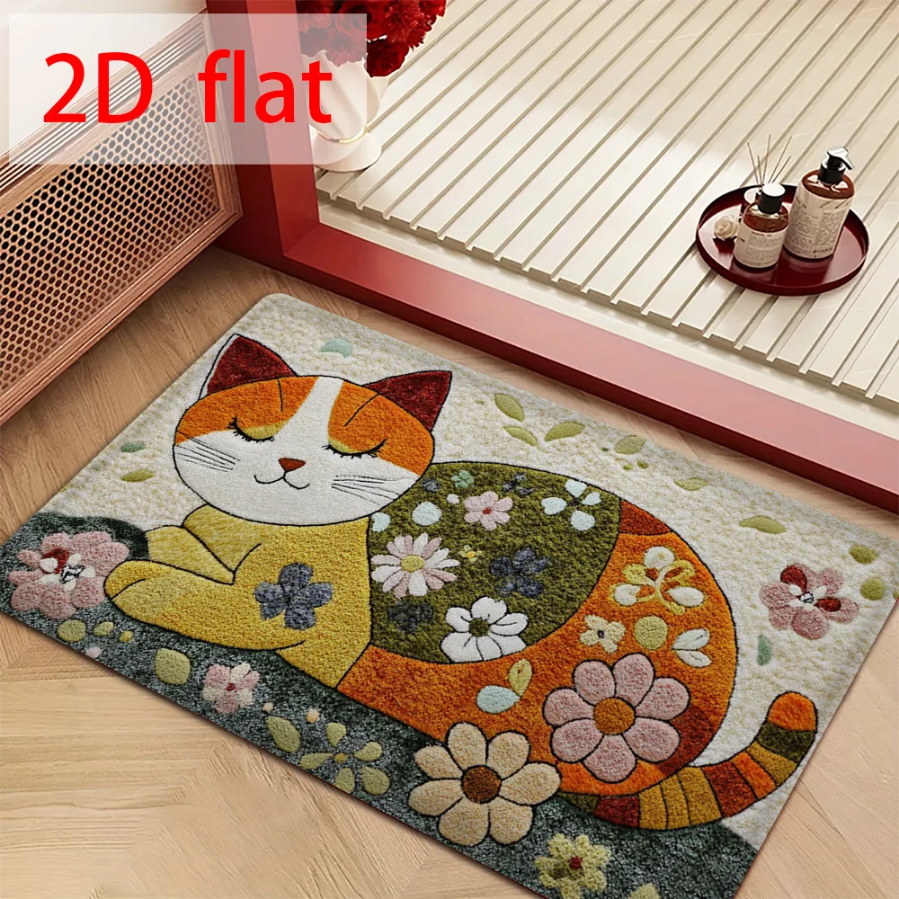 Cute Black Cat Pet Feeding Mat Bamboo Paw Print Grid Graphic Rug Pet Space Decor Mat for Indoor Household