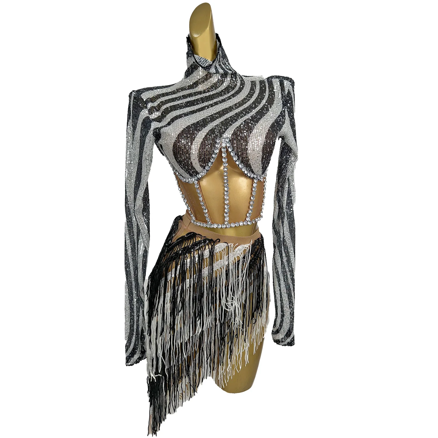 

Sexy Striped Sequins Top Corset Fringes Mini Skirts 2 Piece Sets Women Festival Outfits Carnival Showgirl Performance Costumes
