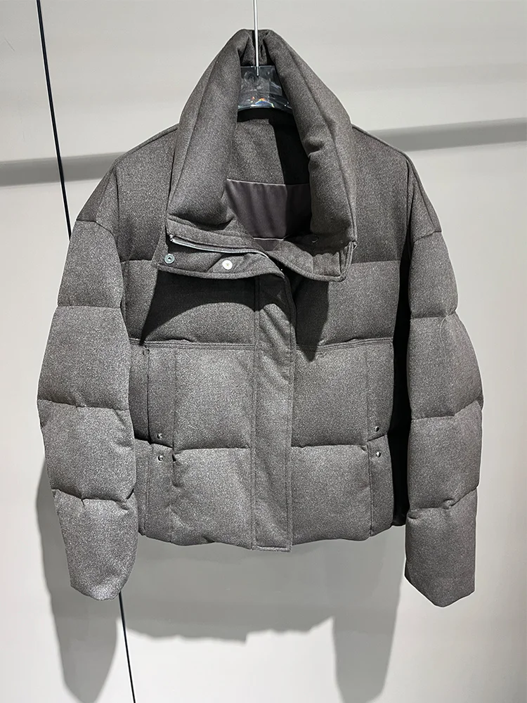 Women Wool‑Blend Goose Down Jacket Stand Collar Short Puffer Coat Classic Versatile Fashion Female Winter Outerwear