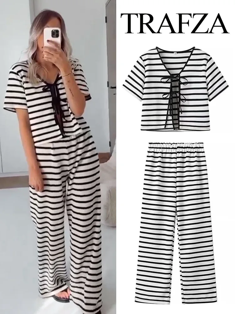 

TRAFZA Woman Summer Fashion 2 Piece Set Striped Knit Lace Up Bow Short Sleeve Tops Women Street Casual Elastic Waist Pants Suit