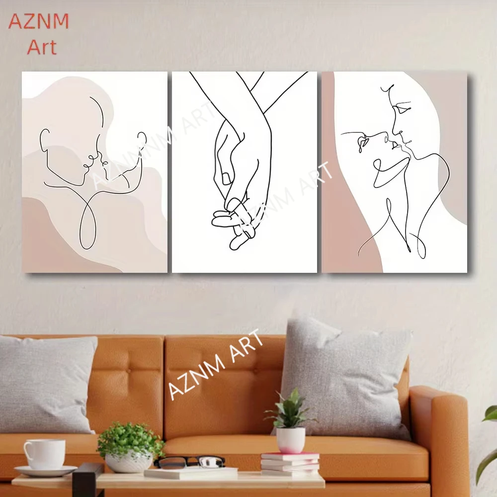 1/3PCS Canvas Art Set - Abstract Intimate Connection, Holding Hands, Passionate Kiss - Minimalist Line Art, Soft Tones