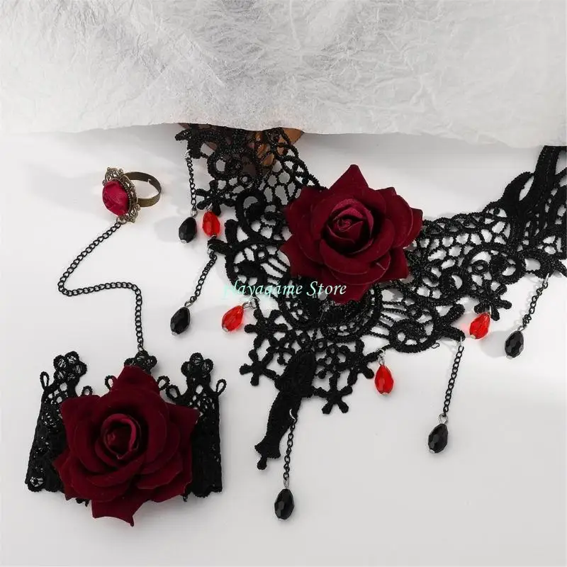Y88A 2pcs Gothic Lace Choker Necklace Finger Rings Bracelet Halloween Costume Accessories Jewelry for Women Girls Gift