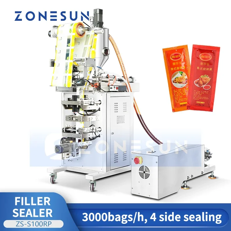 ZONESUN ZS-S100RP Vertical Form Filling Sealing Machine Sachet Packaging Equipment With Rotary Loby Pump Feeder