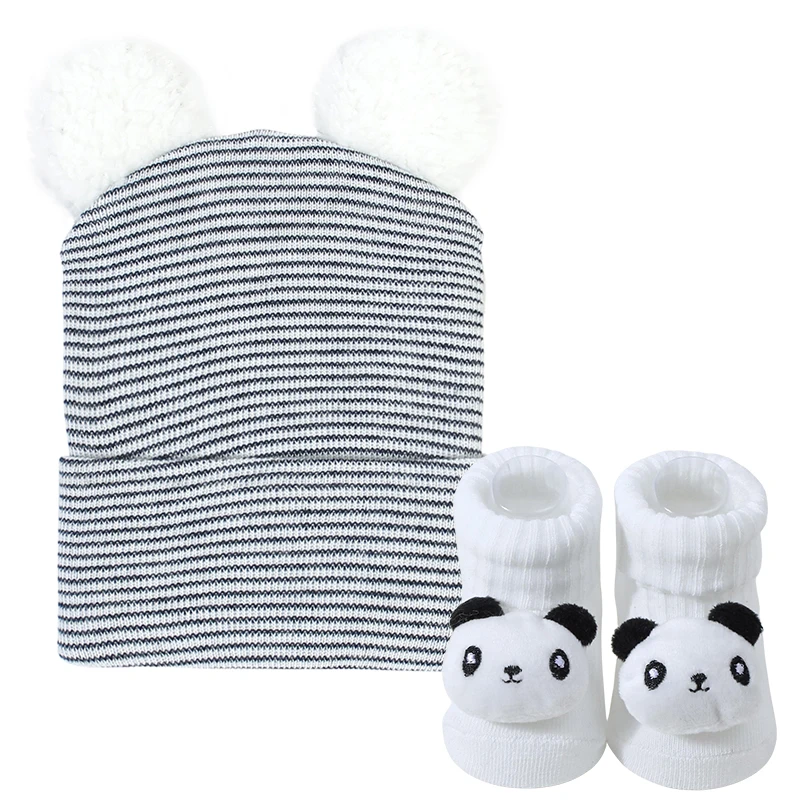 

0-6 Months Baby Newborn Turban Cap Socks Set Cute Pompom Princess Girl Indian Caps Headwraps Knitted Cotton Socks Kids Sokken