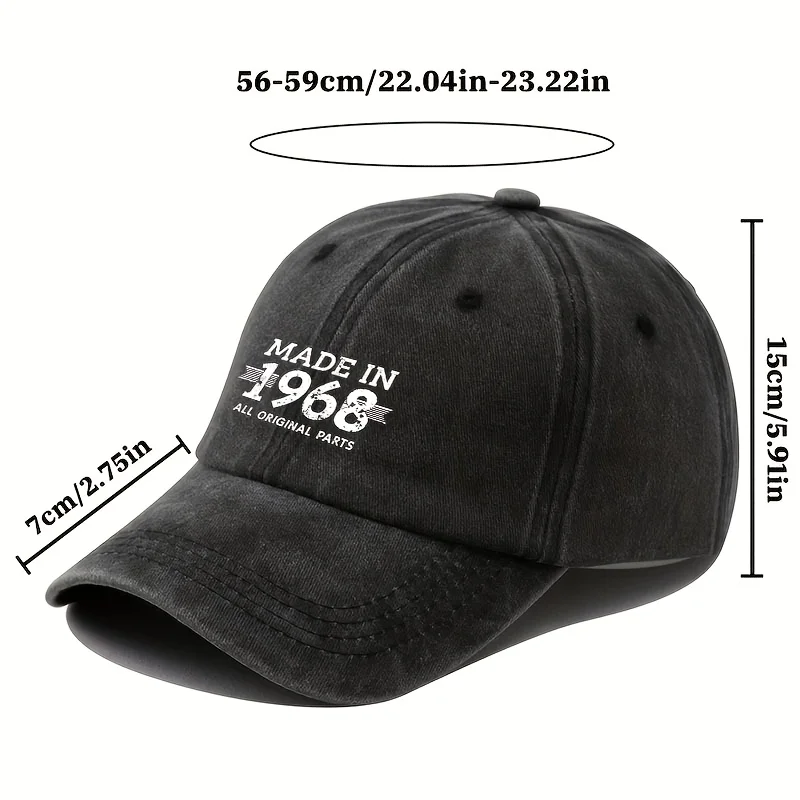 Retro 1968 Baseball Cap Unisex - Adjustable 6-Panel Lightweight Design, 2D Flat Printing, Distressed Blue Washed Look, Neutral F