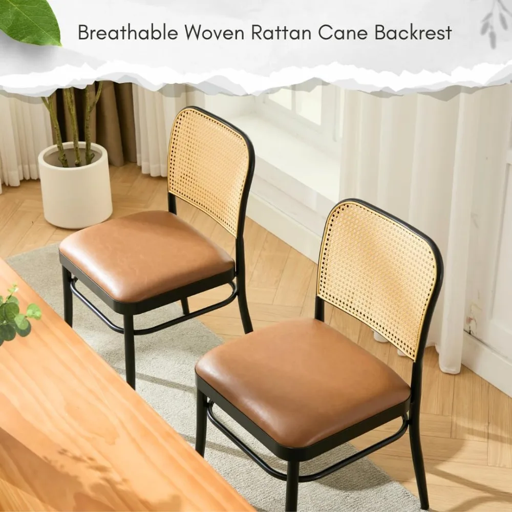 مجموعة كراسي تناول الطعام المصنوعة من الجلد الصناعي المنجد الحديث لمنتصف القرن مكونة من 4 قطع، تصميم خلفي قصب للمطبخ وغرفة الطعام