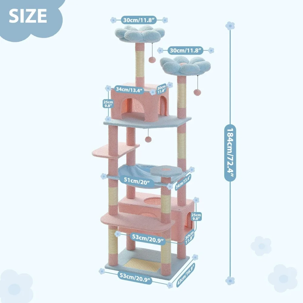 

Flower Cat Tree, 72 Inches Large Cat Tower with Steel Frame Hammock with 2 Condos and Perches for Large Indoor Cats - Blue