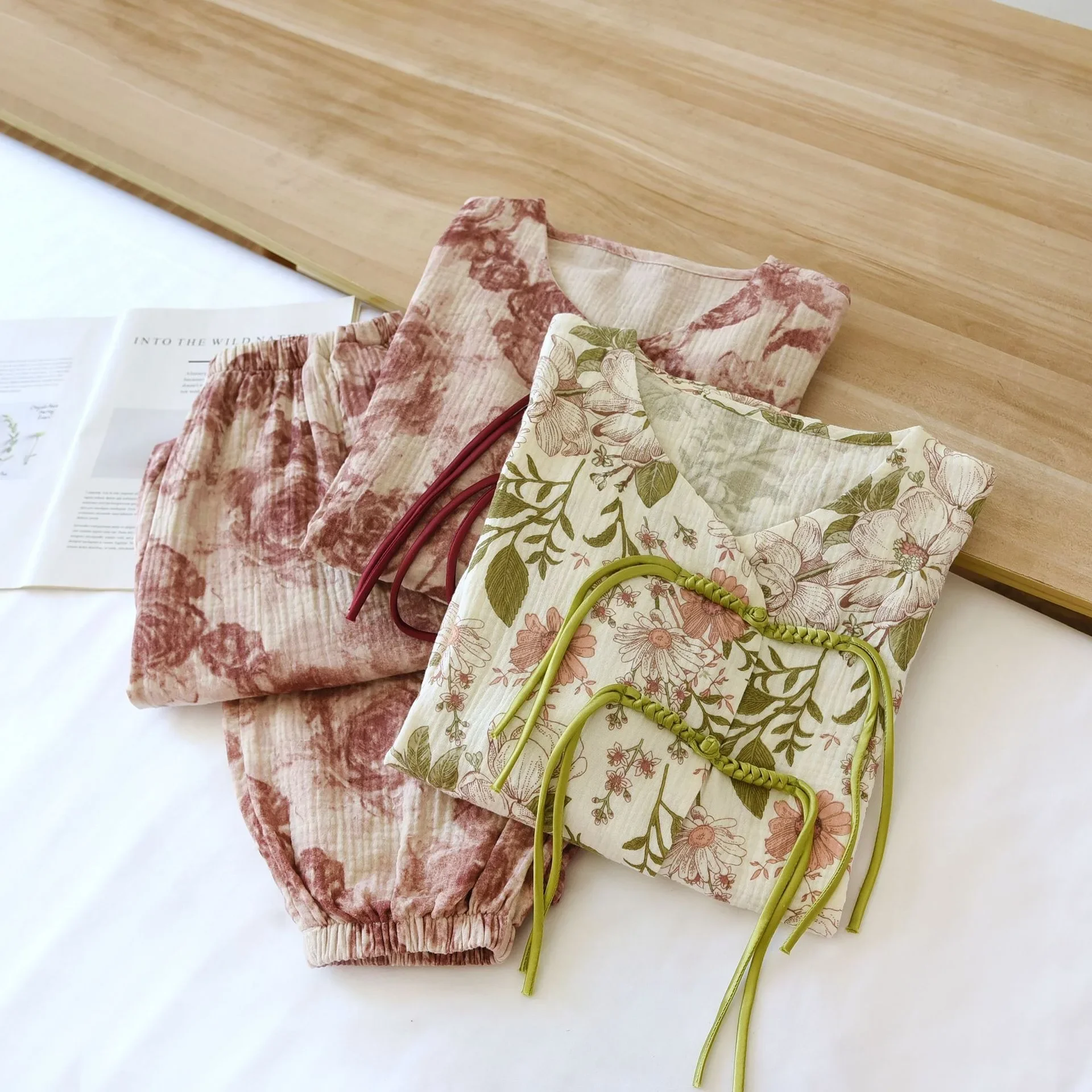 

Пижама женская из чистого хлопка, Повседневная тонкая пижама с длинными рукавами, в китайском стиле, креп, удобная домашняя одежда с V-образным вырезом