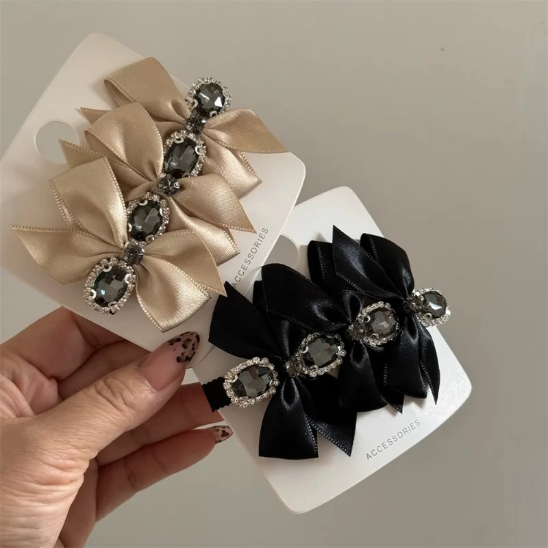 Light luxury super flash rhinestone fabric bow spring clip back head hairpin top clip elegant new headgear hair accessories