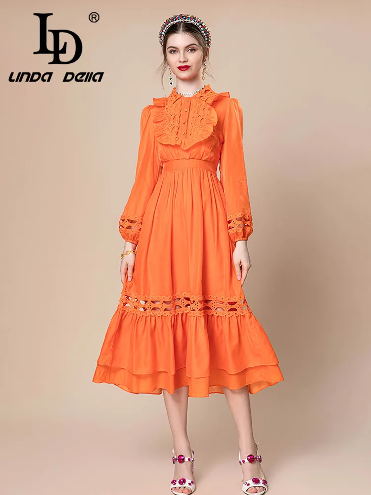 LD LINDA DELLA Autumn New Style Cheap Casual Dress Women's  Orange Ruffled Splice Embossed hollow Cascading Draped Dress