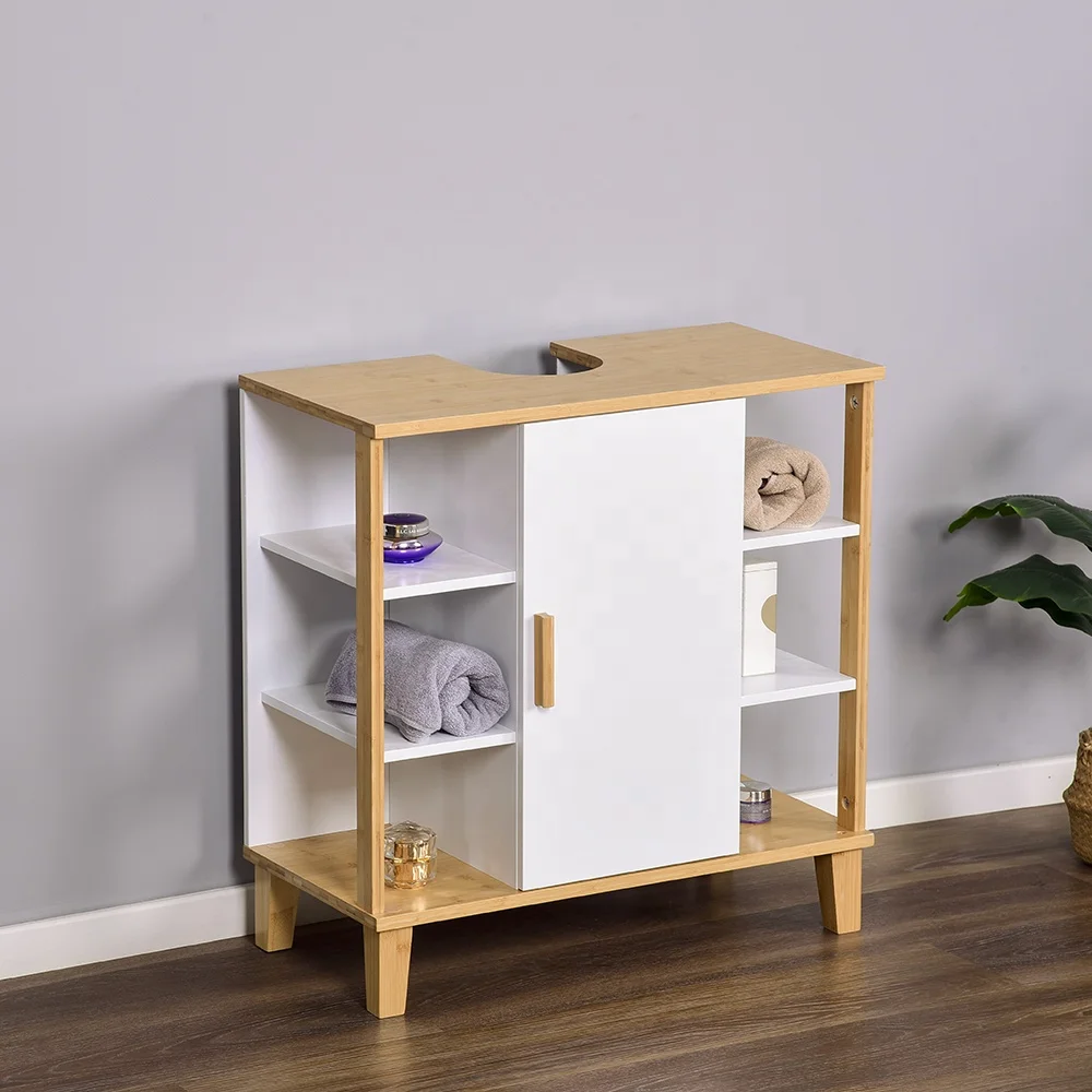 

Bathroom Sink Cabinet White Bamboo MDF Floor Cabinet Adjustable Shelf Free Standing Under Sink Vanity Pre-Cutted Storage Cabinet