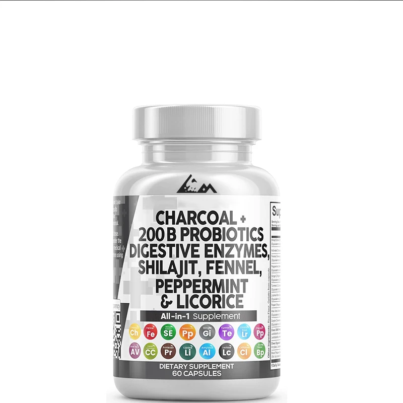 Activated carbon capsule Shilajit pill probiotics+digestive enzymes, peppermint fennel, licorice, papain, turmeric