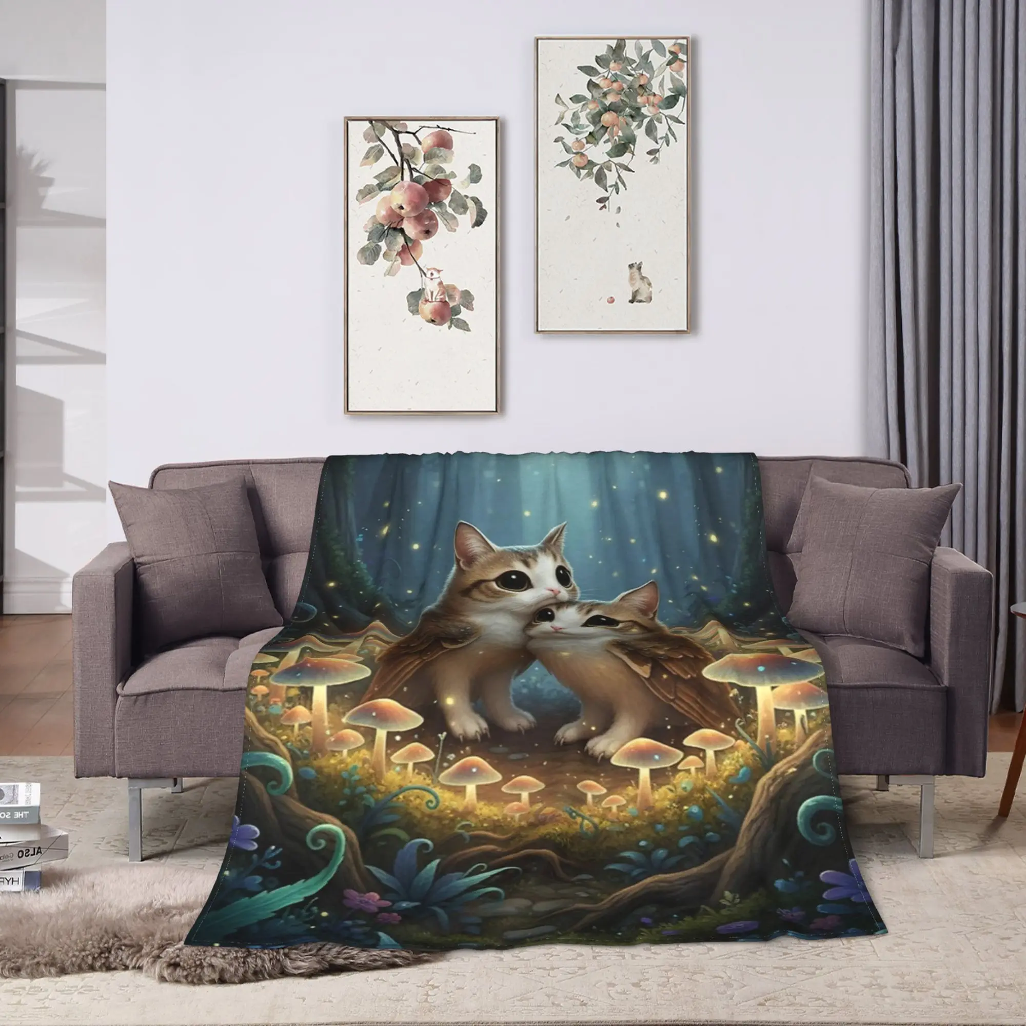 Warm Comfy Blanket Camping Two Meowls in Glowing Mushroom Ring Throw Blanket Trend  Bedspread For Home Decor