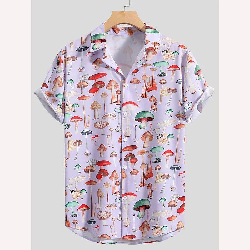 Baju motif 3d jamur kasual, baju uniseks kancing lengan pendek, baju Hawaii Musim Panas keren