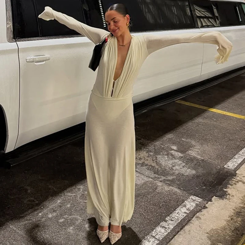 

Ticketsx Sexy V Neck Long Dress Women's See Through Long Sleeve High Waist Pleated Dress Female Vacation Beach Party Slim Dress