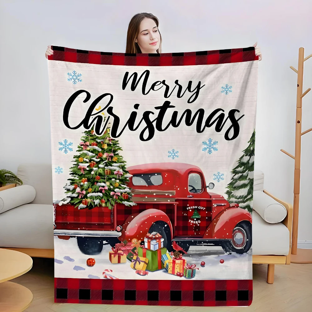 Red Plaid Vintage Red Truck Xmas Tree Throw Blanket,Indoor Sofa Bed Daily Use Birthday Anniversary Rustic Holiday Offering
