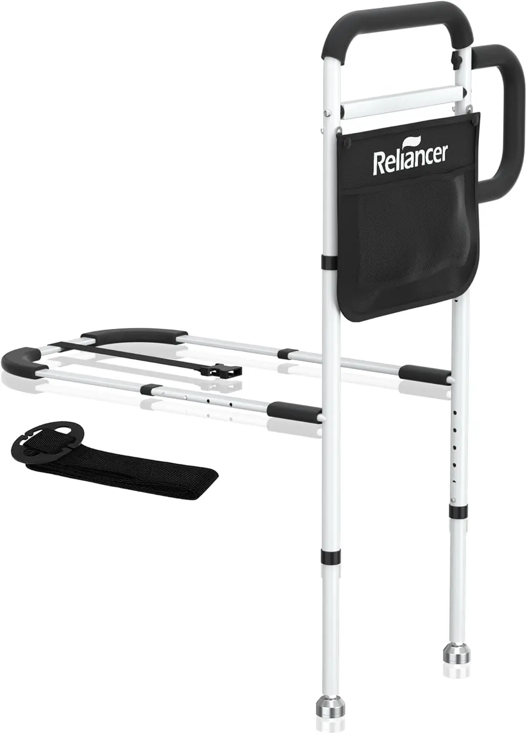 Adjustable Bed Safety Rail with Dual Handles for Seniors, Sturdy Steel Frame & Detachable Pouch