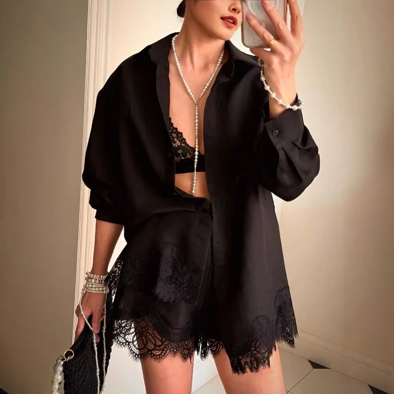 

New Fashion Solid Color Lapel Long-sleeved Shirt Lace Splicing Shorts Set European and American Cross-border Women's Clothing