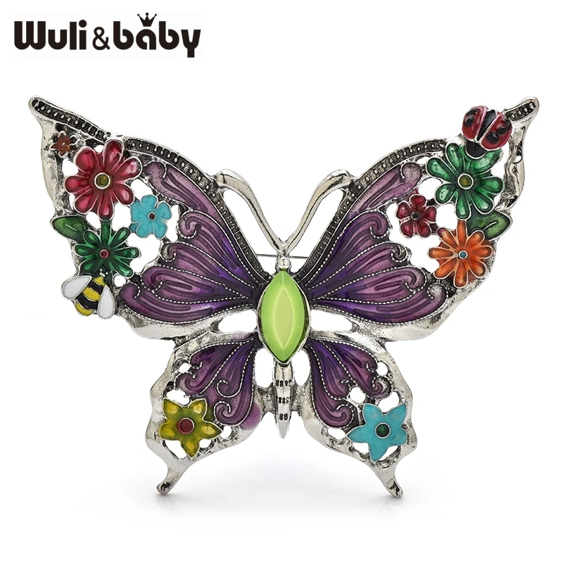 Wuli&baby Vintage Emaille-Blumen-Schmetterlingsbroschen, 2-farbige Legierung, Insekten, Büro, Party, Kleidung, Anstecknadeln, Geschenke
