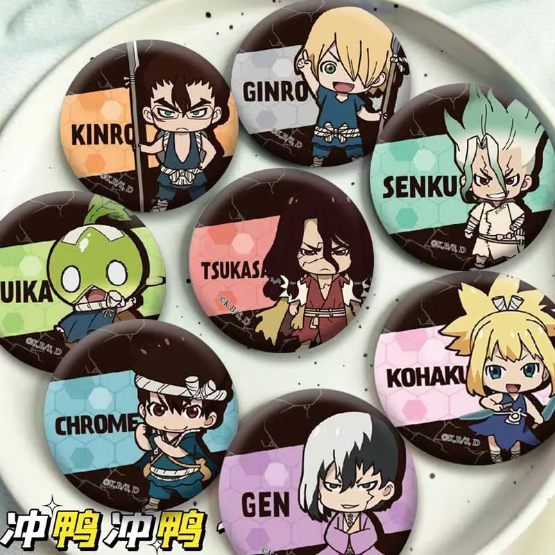 Senku Gen Asagiri Chrome Cartoon Button Pins Anime Figure Ryusui Kohaku Badge Round Snap-in Brooch COSPLAY Jewelry Accessories