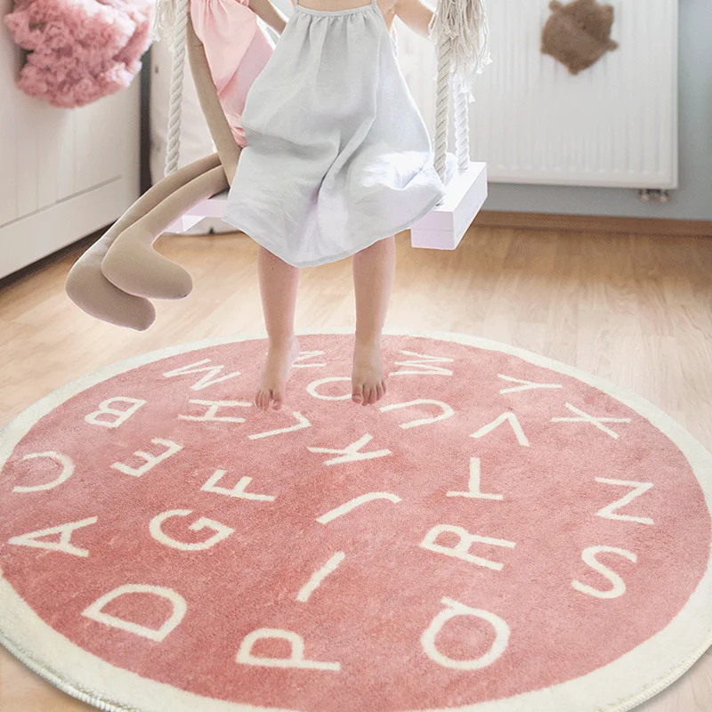 Nordic Round Cartoon Carpet Home Bedroom Bedside Children\'s Room Cute Letters Simple Thickened Plush Rugs Sofa Coffee Table Rug