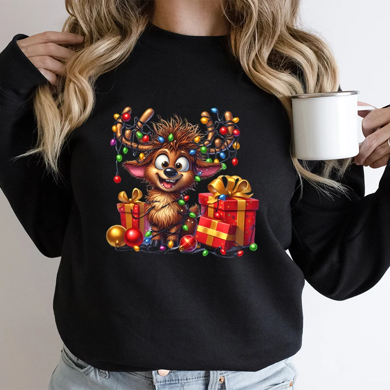 Cute Elk Deer Lamp String Christmas Tracksuit Women Fashion Creative Graphic Hoodie Long Sleeve Casual Women Xmas Sweatshirts