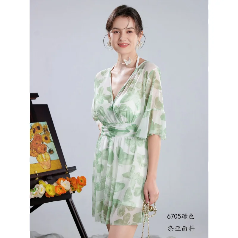 Minsu Beach New Korean Sexy Small Chest Gathered Underwire Sheer Long Dress Swimsuit for Women Hot Spring Swimwear