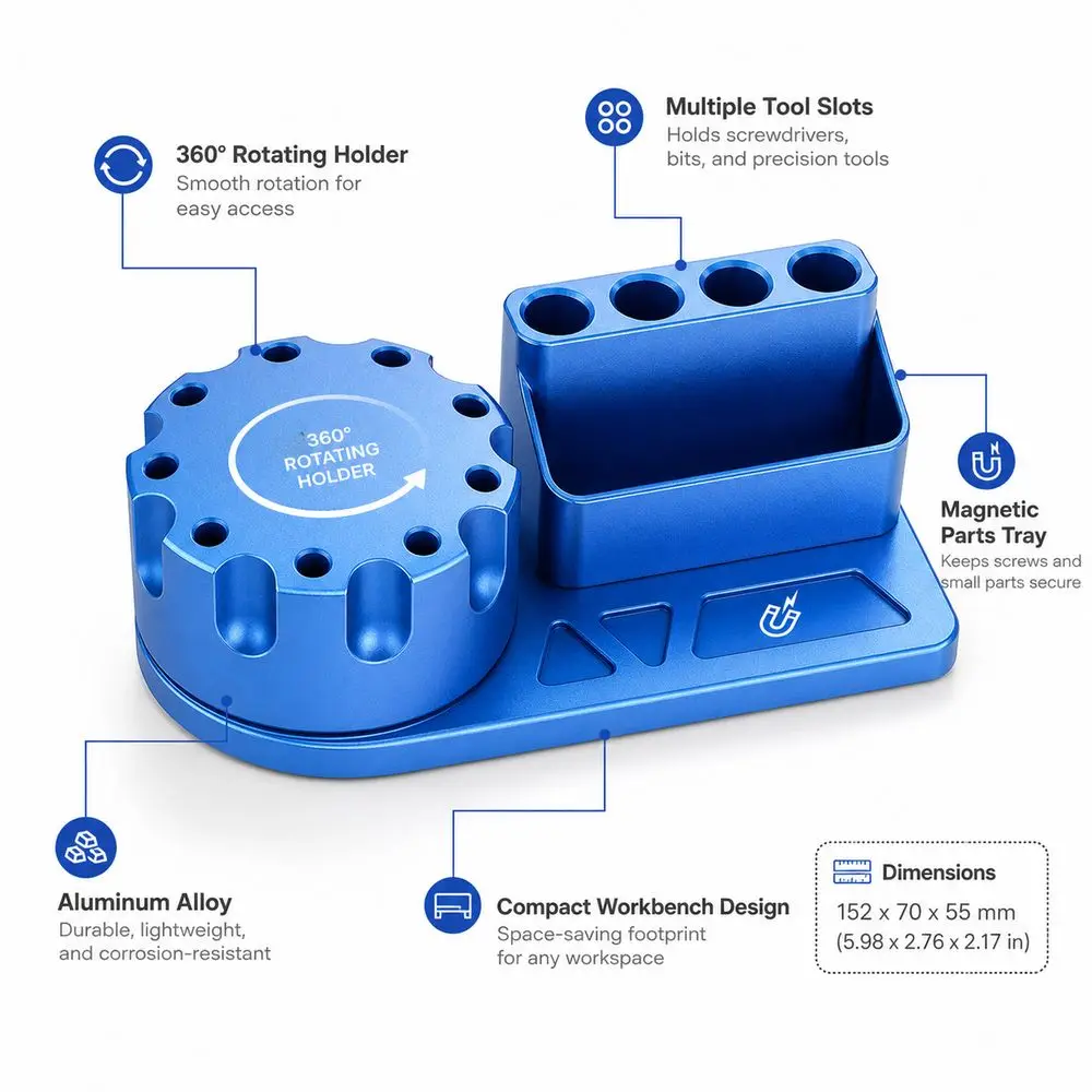 Aluminum Alloy Screwdriver Organizer Multi-Slot Structure 360 Degree Rotating Screwdriver Holder Anodized Finish